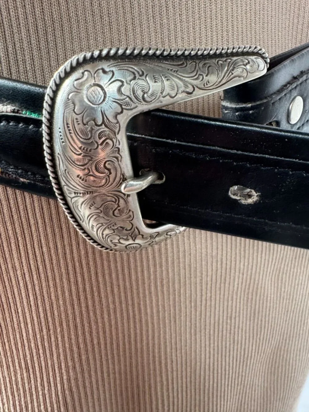 Handcrafted Leather Belt With Colorful Woven Inlay & Silver Buckle - Size 32